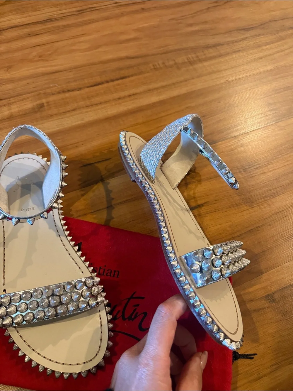 Christian Louboutin Silver Studded Leather Ankle-Strap Sandals size 40